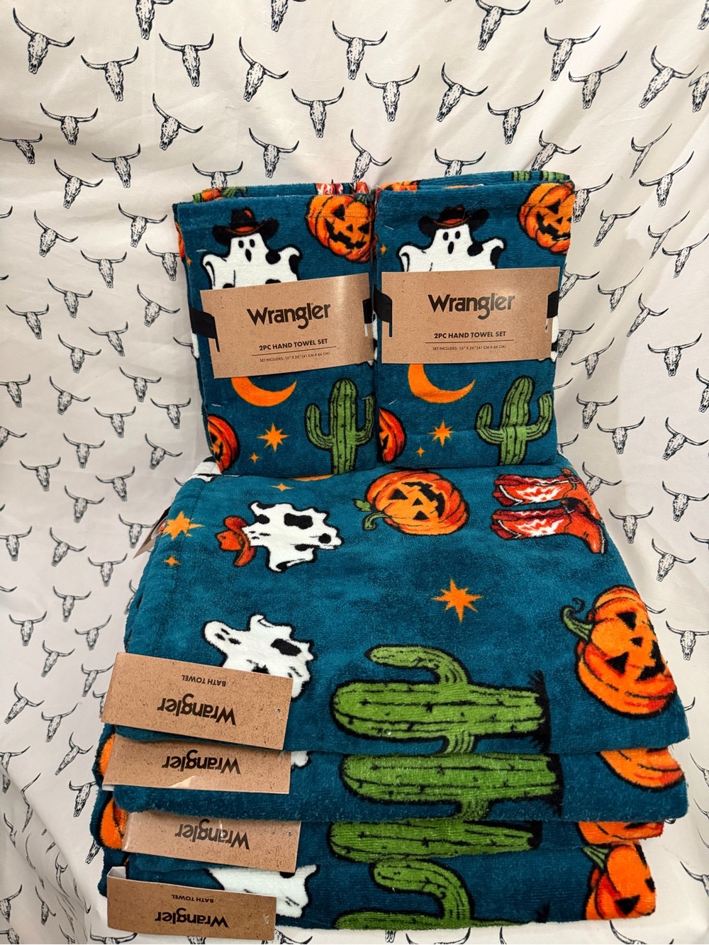 Wrangler Teal Halloween Hand Towel Set with Pumpkin, Ghost & Cactus Print